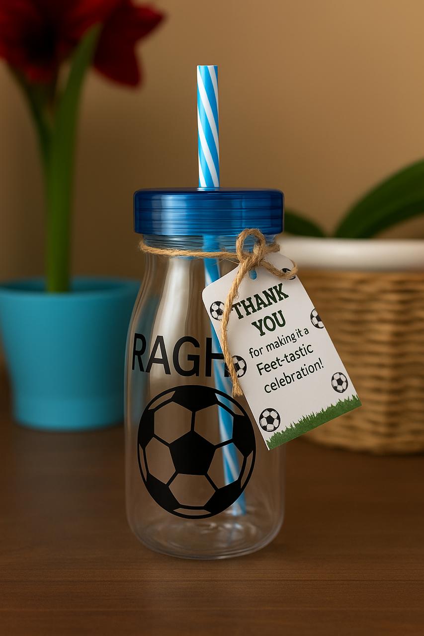 Personalised Milkshake Bottles com as a party favor - Football