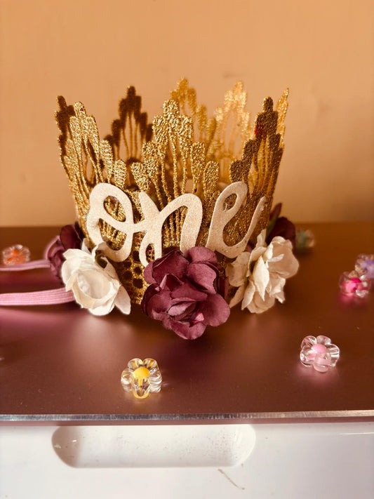 Vintage-Inspired Gold “One” Crown – Burgundy & white Floral