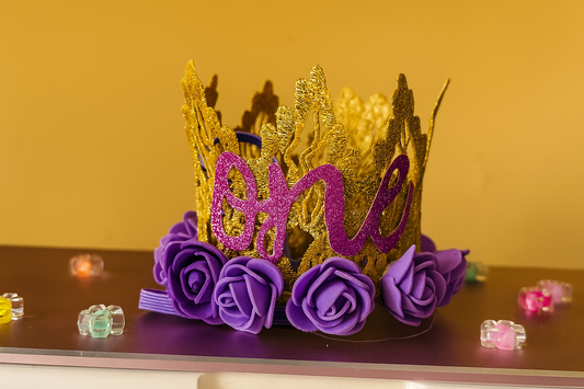 Purple & Gold “One” Birthday Crown – Floral Princess Design