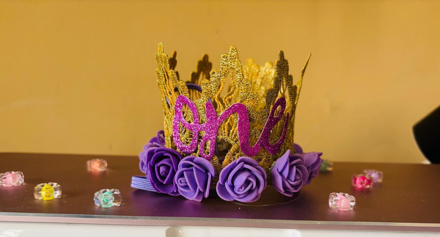 Purple & Gold “One” Birthday Crown – Floral Princess Design