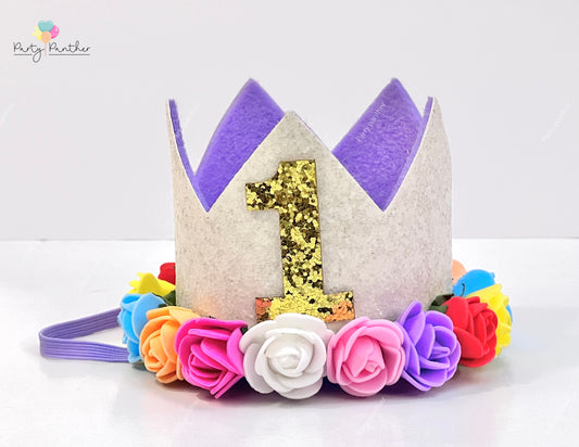 Rainbow Rose First Birthday Crown – White & Gold