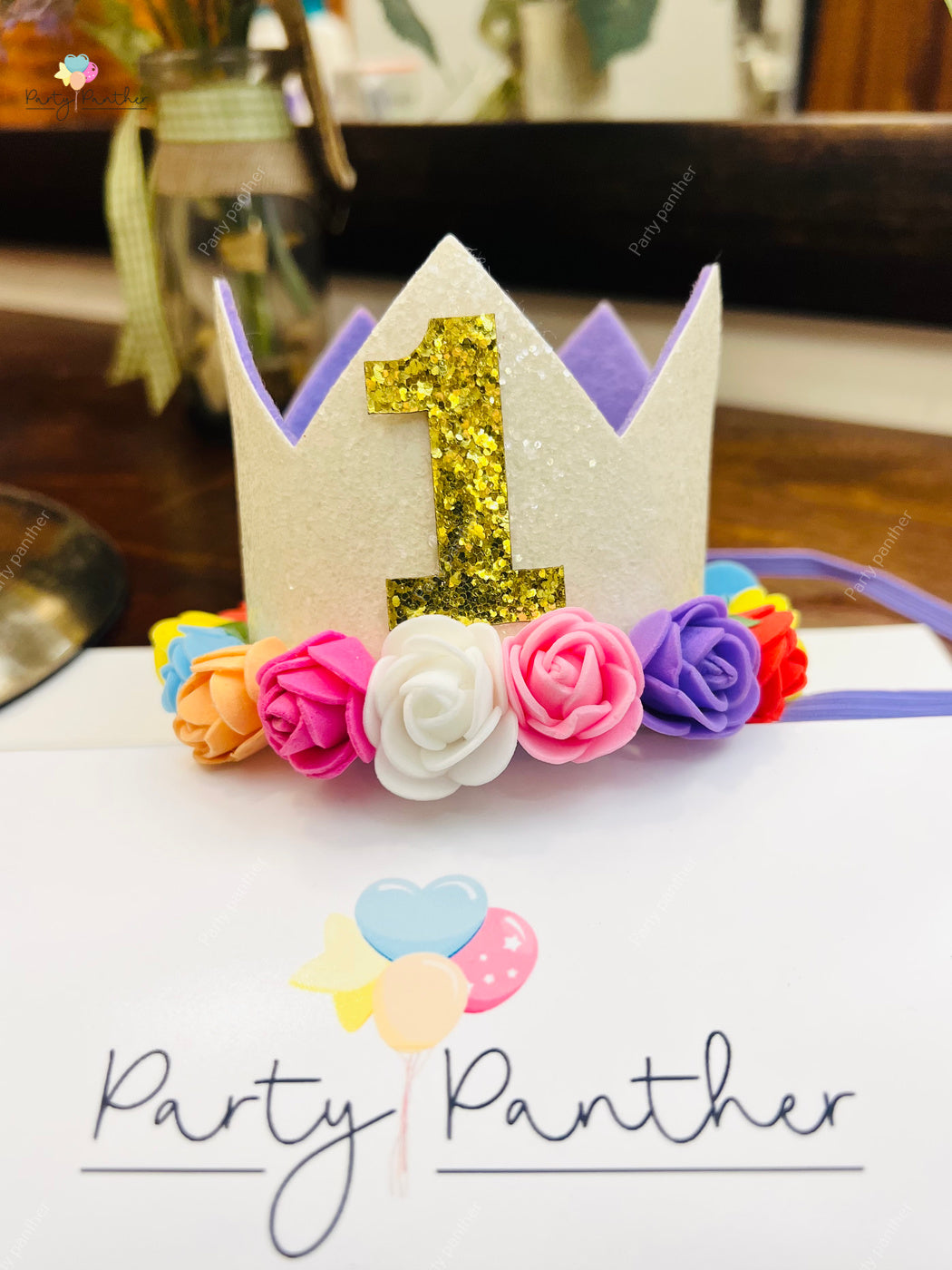 Rainbow Rose First Birthday Crown – White & Gold