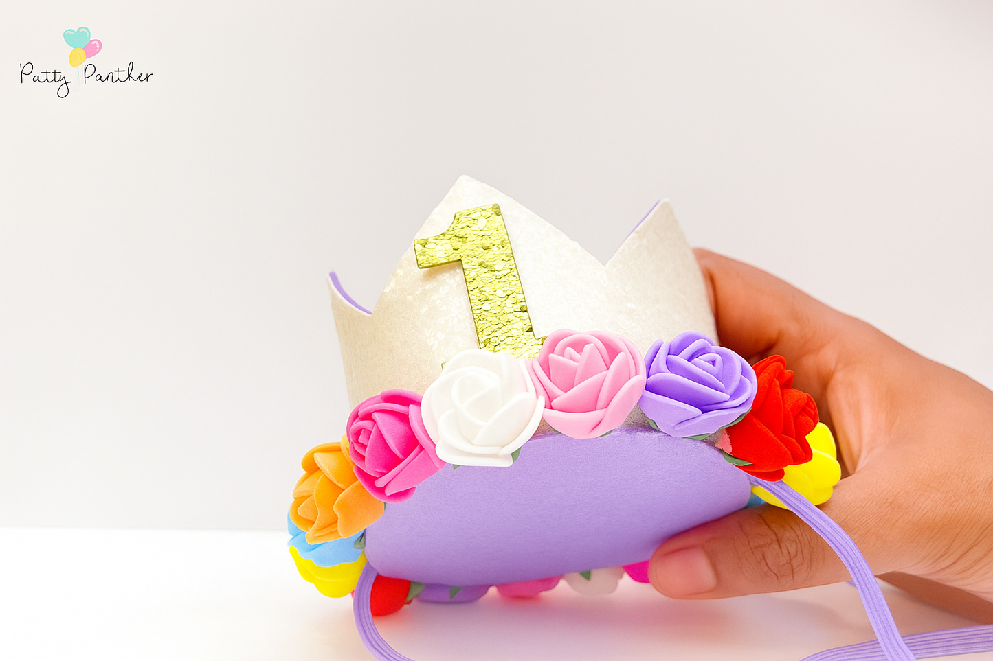 Rainbow Rose First Birthday Crown – White & Gold