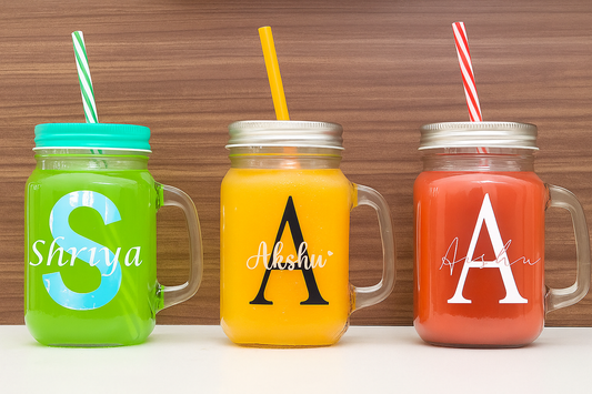 Personalised mason jar with straw and 2 lids - 1 lid with hole and 1 without hole
