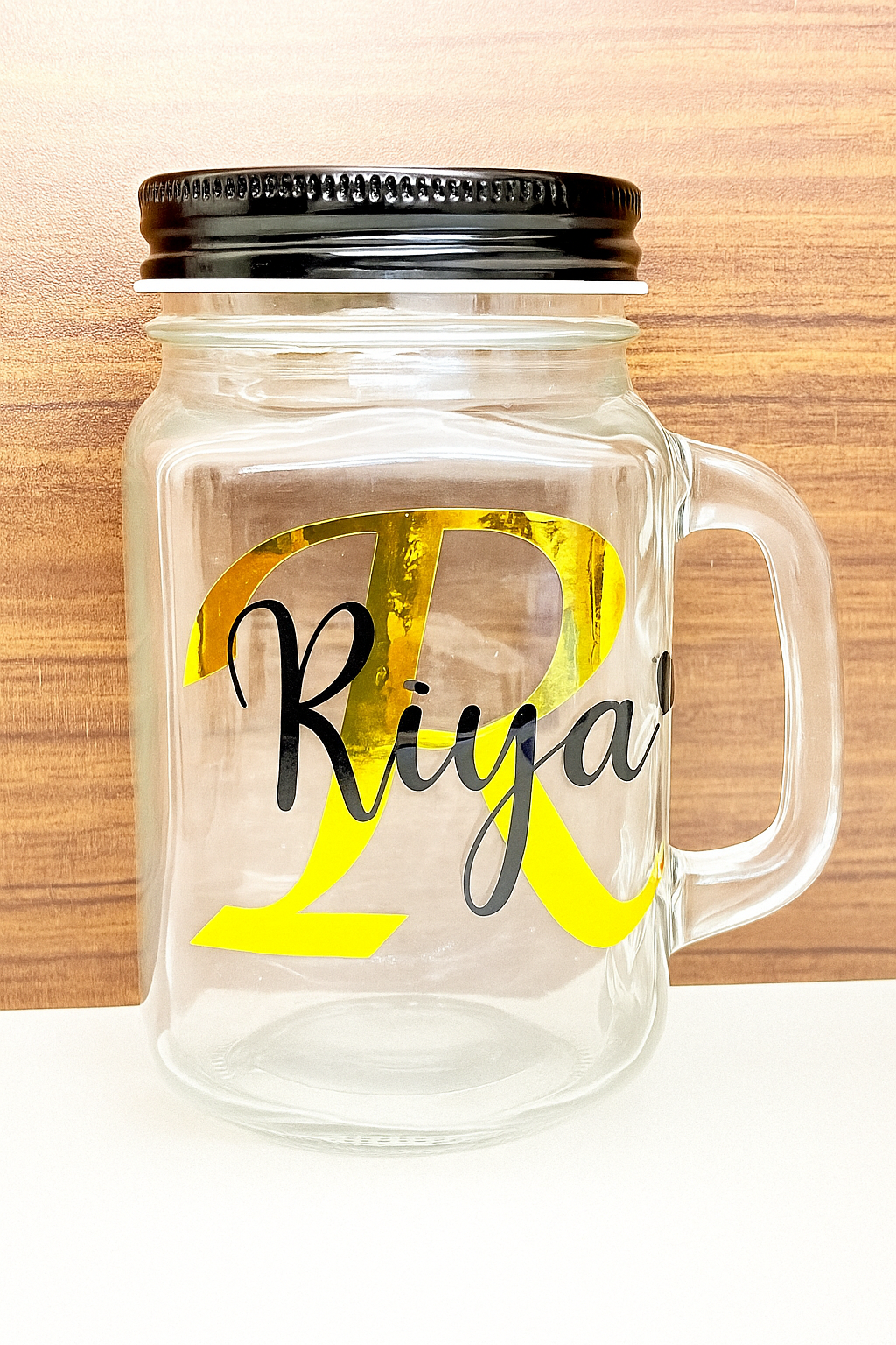 Personalised mason jar with straw and 2 lids - 1 lid with hole and 1 without hole