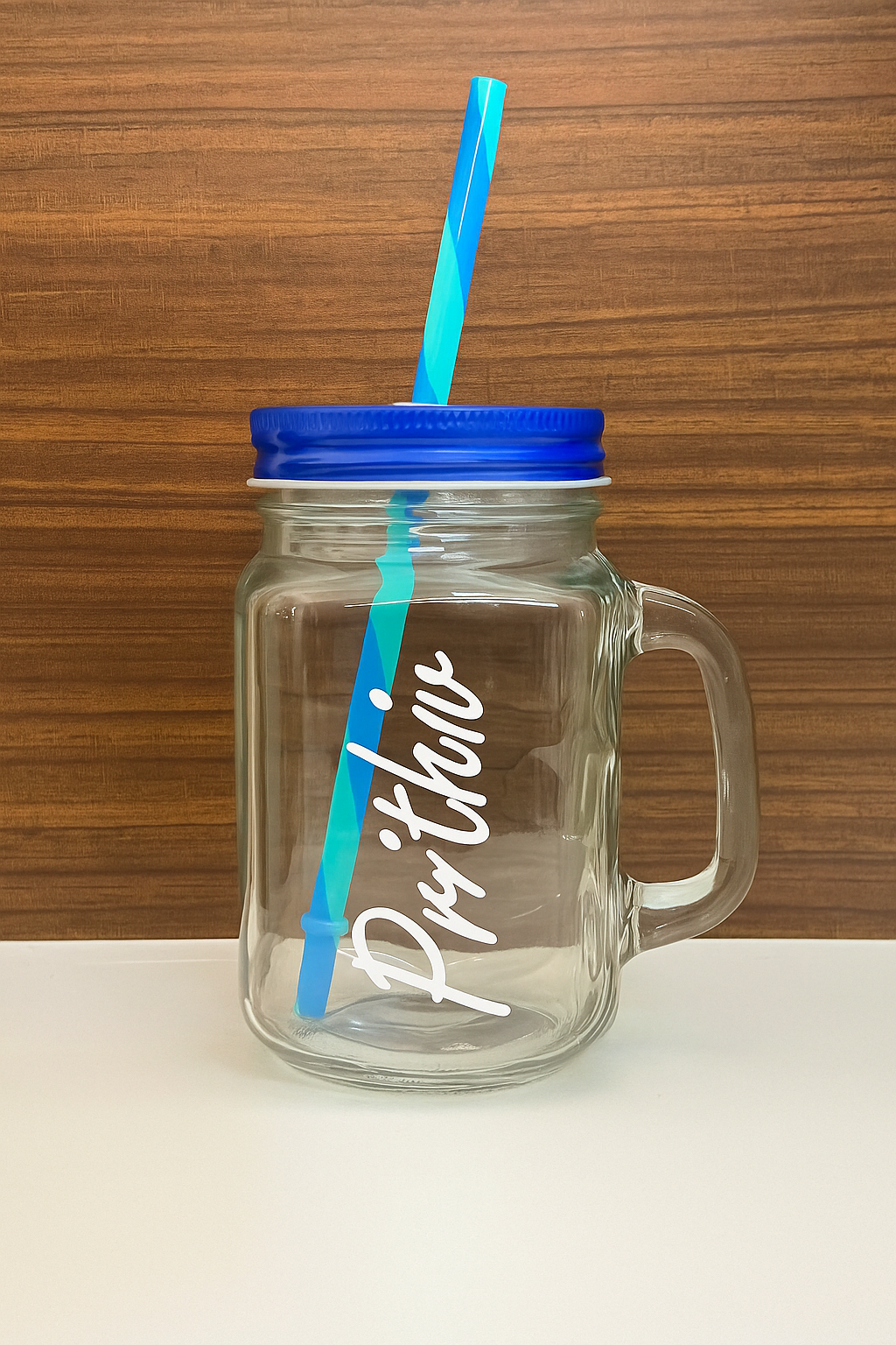 Personalised mason jar with straw and 2 lids - 1 lid with hole and 1 without hole