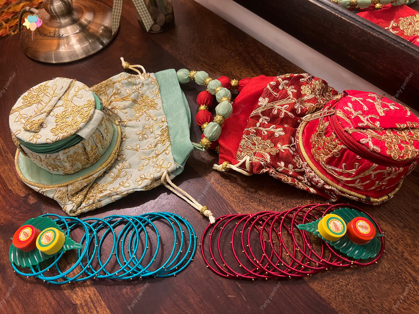 Return Gift combo - Beautiful Potli bags with Bangle Box, Bangles ,Kumkum and turmeric.