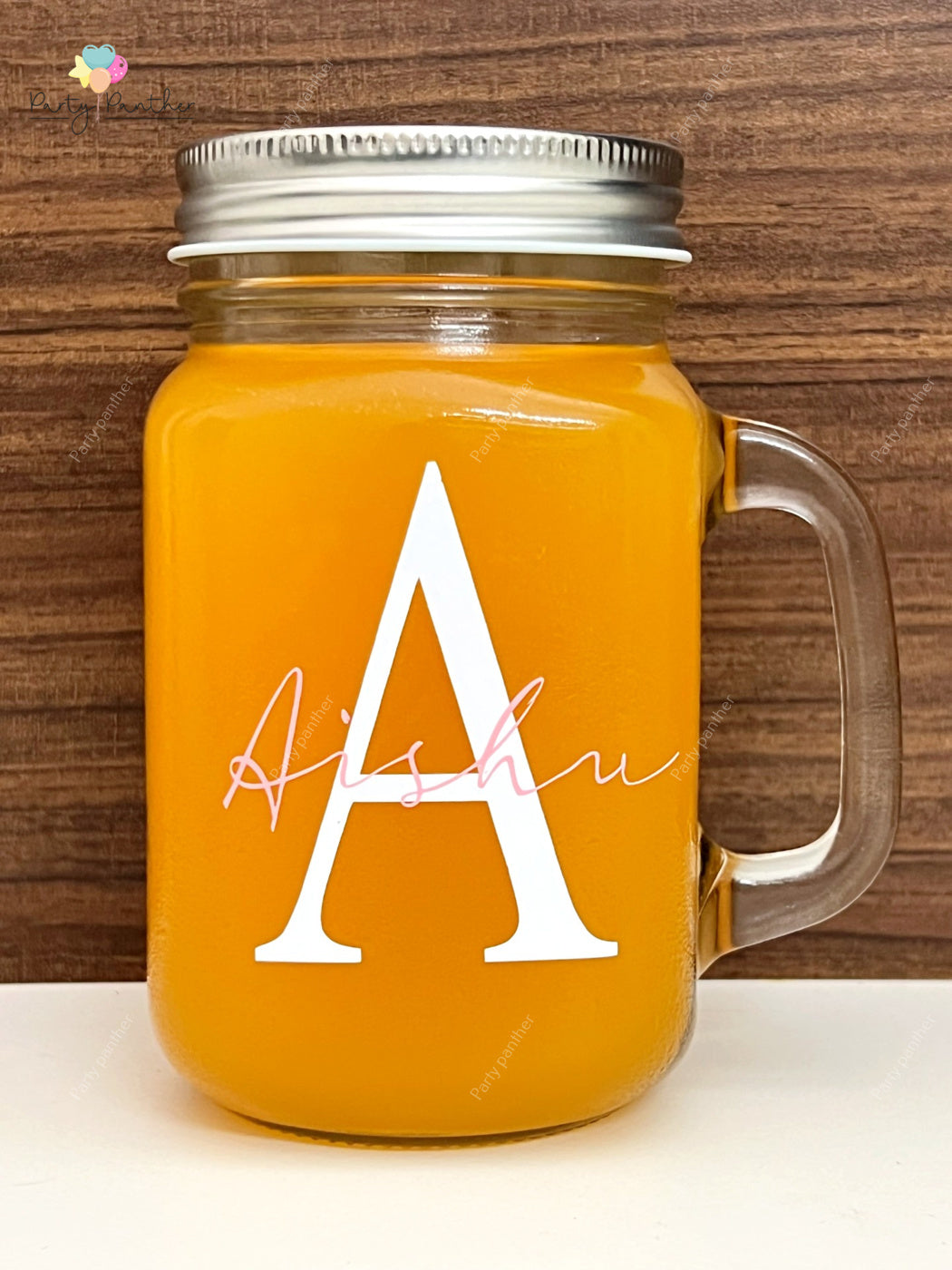 Personalised mason jar with straw and 2 lids - 1 lid with hole and 1 without hole