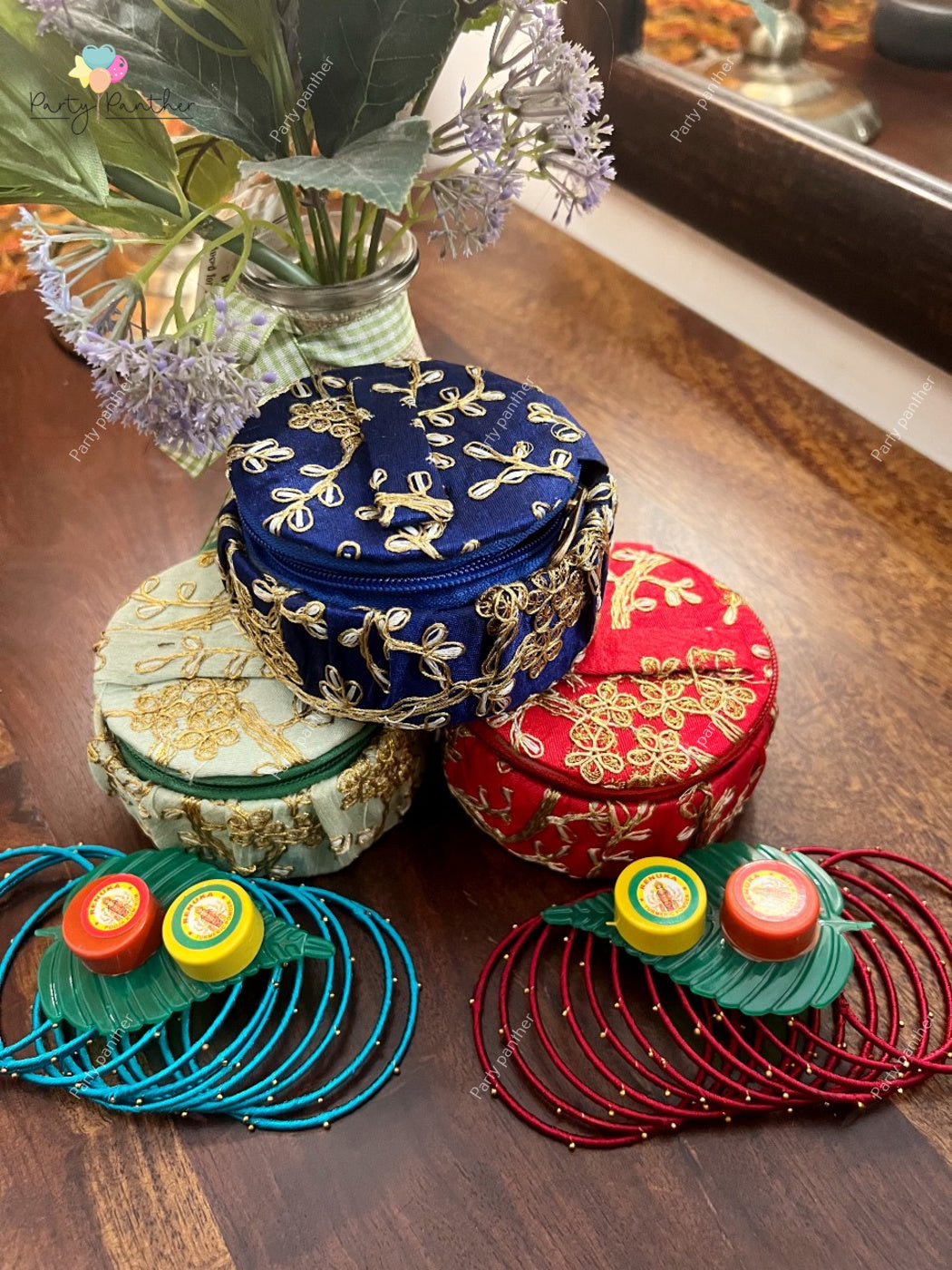 Return gift combo -   Beautiful embroidery design Bangle Box with Bangles, Kumkum and turmeric.