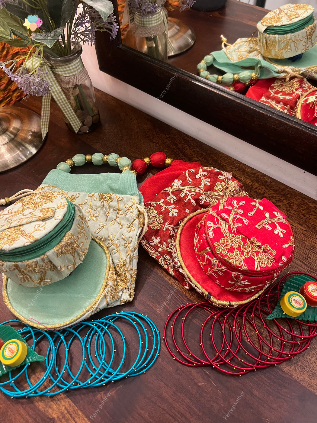 Return Gift combo - Beautiful Potli bags with Bangle Box, Bangles ,Kumkum and turmeric.