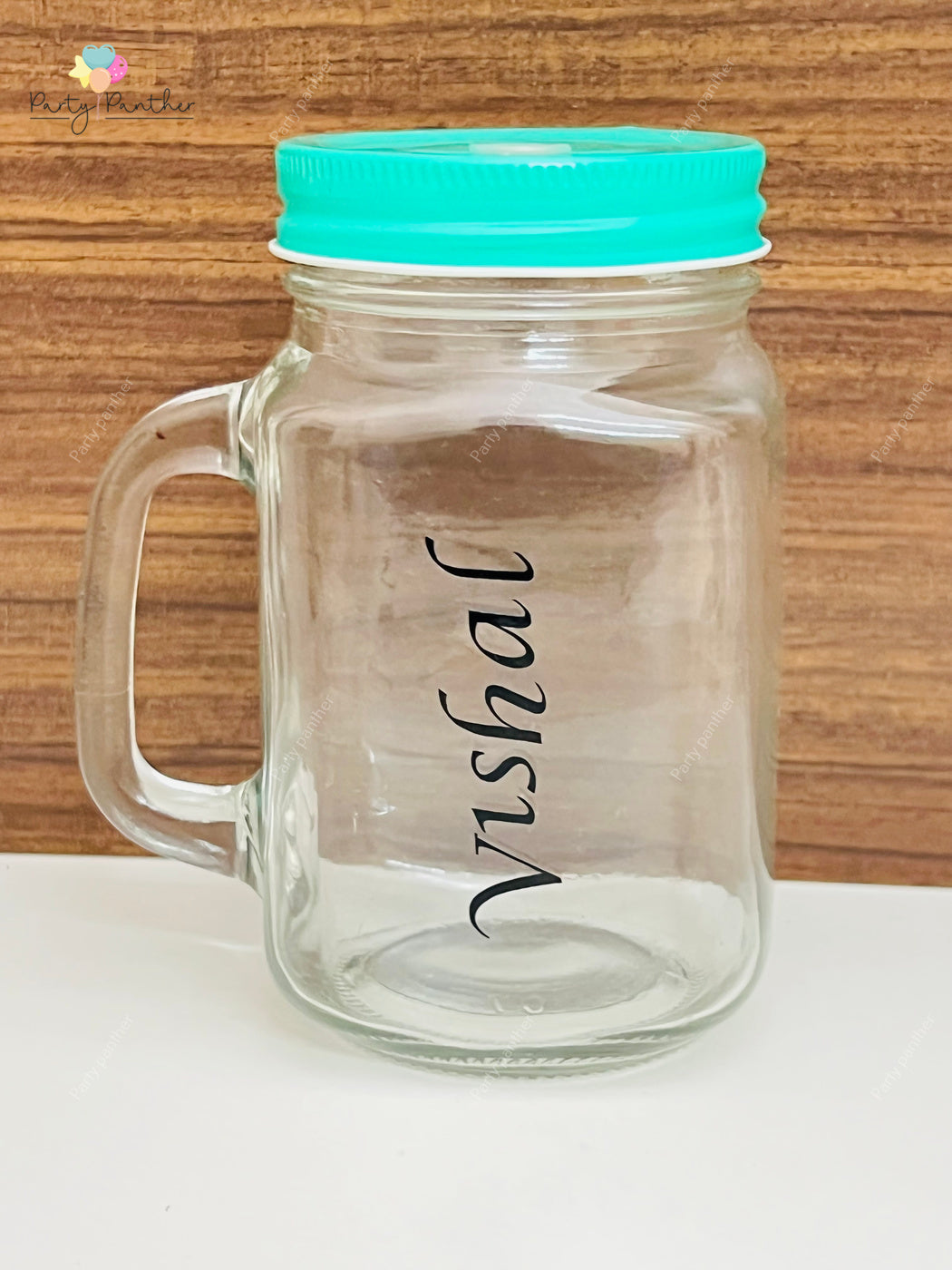 Personalised mason jar with straw and 2 lids - 1 lid with hole and 1 without hole