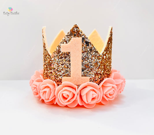 Rose gold 1st Birthday Crown – Rose gold & Gold Glitter Floral Tiara