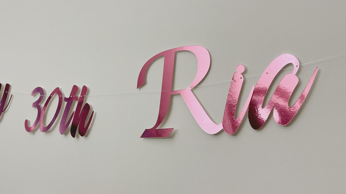 Customised Cursive Metallic Pink Banner - Personalized Handmade party decorations for all occasions