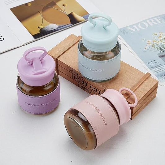 Pack of 2 - 300ml Stylish Glass Jar Bottle with Handle Lid & Sleeve – Leakproof Hot & Cold Coffee Mug for Office & College