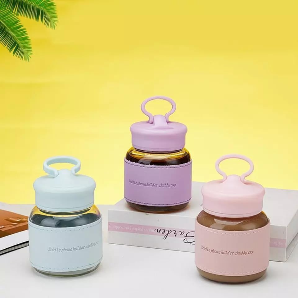 Pack of 2 - 300ml Stylish Glass Jar Bottle with Handle Lid & Sleeve – Leakproof Hot & Cold Coffee Mug for Office & College