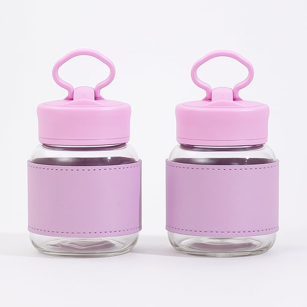Pack of 2 - 300ml Stylish Glass Jar Bottle with Handle Lid & Sleeve – Leakproof Hot & Cold Coffee Mug for Office & College