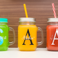 Personalised mason jar with straw and 2 lids - 1 lid with hole and 1 without hole