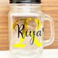 Personalised mason jar with straw and 2 lids - 1 lid with hole and 1 without hole