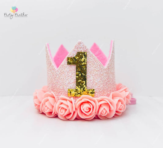 Pink Floral First Birthday Crown, Birthday crown, crown, party hat, 1st birthday crown, cake smash props, pink birthday crown, girls birthday crown