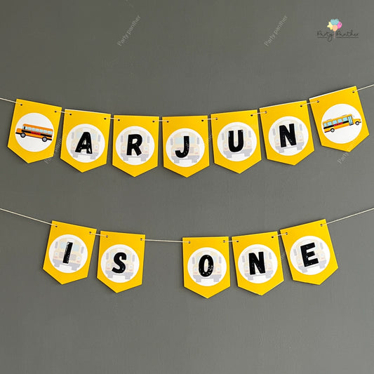 Personalised Bus Birthday Theme, Wheels on the bus Theme Banner - Personalised with any text or Number Custom Banner
